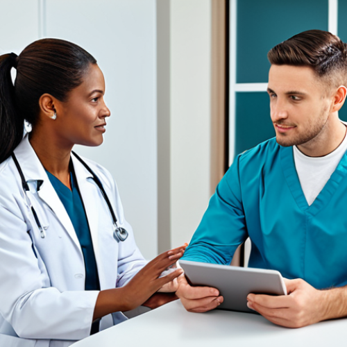 Home 11 A professional, diverse group of healthcare professionals, including a female doctor and a male psychologist, are in a bright, modern clinic consultation room, engaging with a female patient. They are fully clothed in professional, modest attire, discussing a holistic treatment plan on a tablet screen. The atmosphere is collaborative and empathetic, emphasizing integrated care and teamwork. The background shows subtle medical equipment and comfortable seating. Perfect anatomy, correct proportions, natural pose, well-formed hands, proper finger count, natural body proportions. Safe for work, appropriate content, fully clothed, professional, family-friendly.