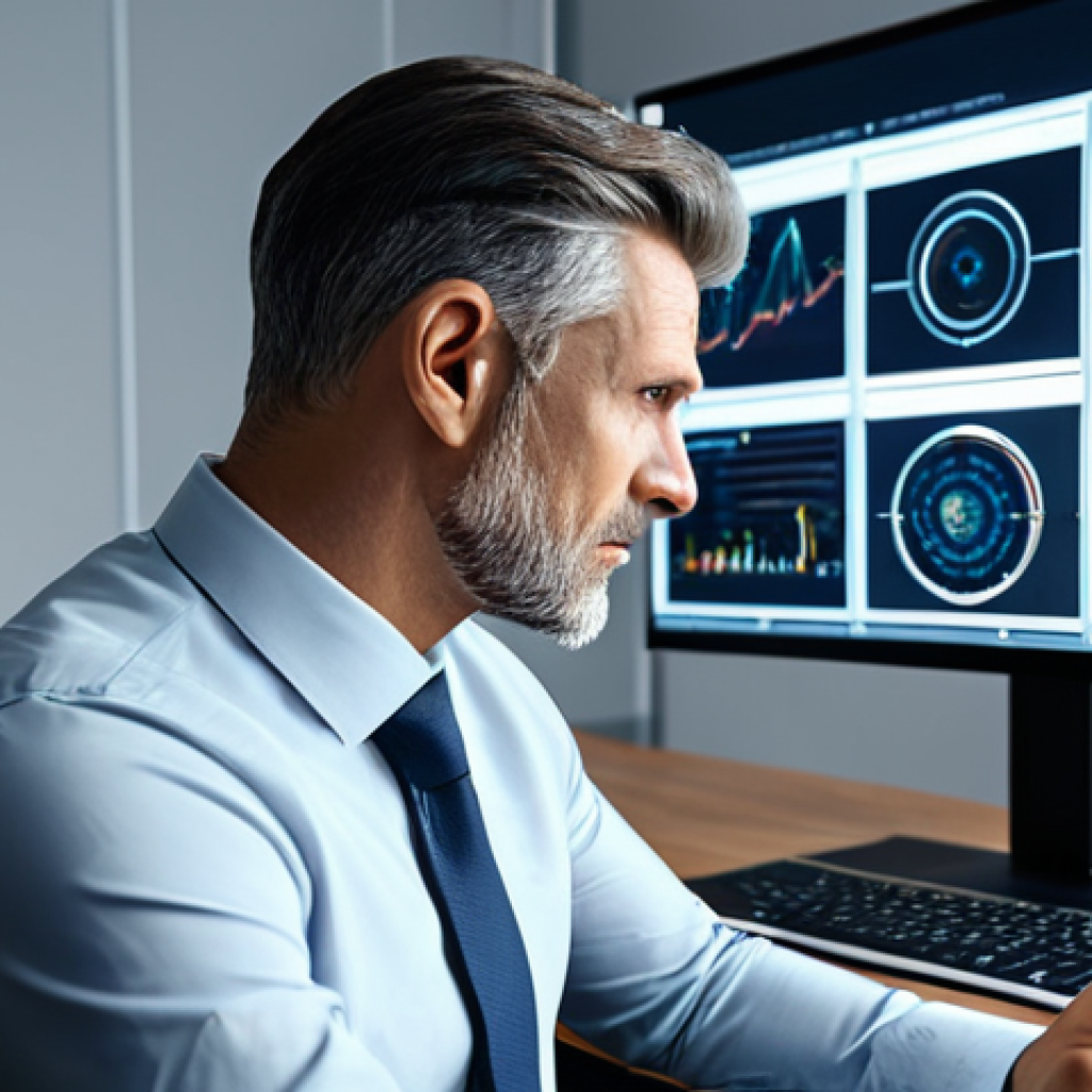 A professional male psychologist, fully clothed in a modest business suit, seated at a sleek modern desk, reviewing holographic data visualizations on an advanced AI interface. The interface displays abstract patterns representing complex psychological data analysis, hinting at early diagnosis and deep understanding. The background is a clean, contemporary office environment with subtle technological elements. The psychologist maintains a focused, professional expression. Perfect anatomy, correct proportions, natural pose, well-formed hands, proper finger count, natural body proportions. High-quality professional photography, natural lighting, sharp focus. Safe for work, appropriate content, fully clothed, professional, family-friendly.
