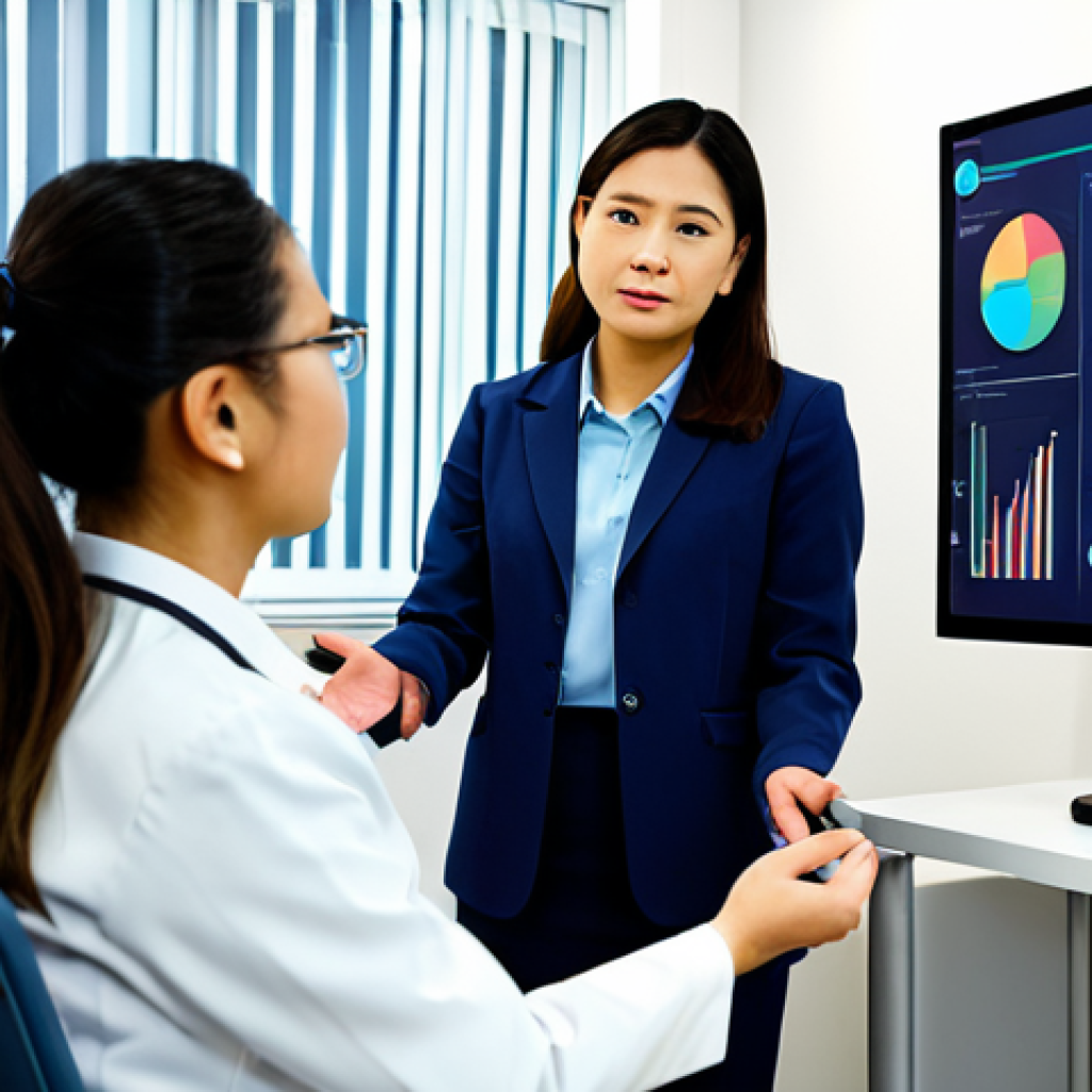 A professional Malaysian female psychologist, in a modest business suit, consulting with a male patient, fully clothed, appropriate attire, in a calm and well-lit therapy room. The psychologist is actively listening, demonstrating empathy. In the background, a subtle, abstract visualization of anonymized data analytics is displayed on a screen, representing AI as a supportive tool for mental health professionals, enhancing diagnostics and treatment planning. The scene emphasizes ethical AI integration and human-AI collaboration in healthcare. safe for work, appropriate content, professional, perfect anatomy, correct proportions, natural pose, well-formed hands, proper finger count, natural body proportions, high quality photography.
