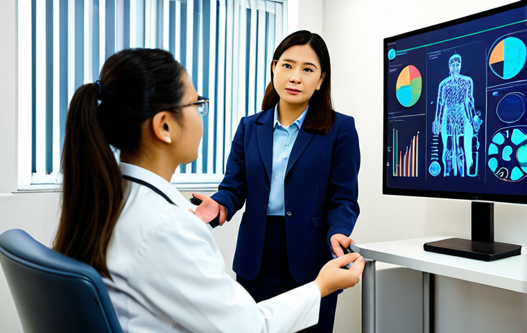 A professional Malaysian female psychologist, in a modest business suit, consulting with a male patient, fully clothed, appropriate attire, in a calm and well-lit therapy room. The psychologist is actively listening, demonstrating empathy. In the background, a subtle, abstract visualization of anonymized data analytics is displayed on a screen, representing AI as a supportive tool for mental health professionals, enhancing diagnostics and treatment planning. The scene emphasizes ethical AI integration and human-AI collaboration in healthcare. safe for work, appropriate content, professional, perfect anatomy, correct proportions, natural pose, well-formed hands, proper finger count, natural body proportions, high quality photography.