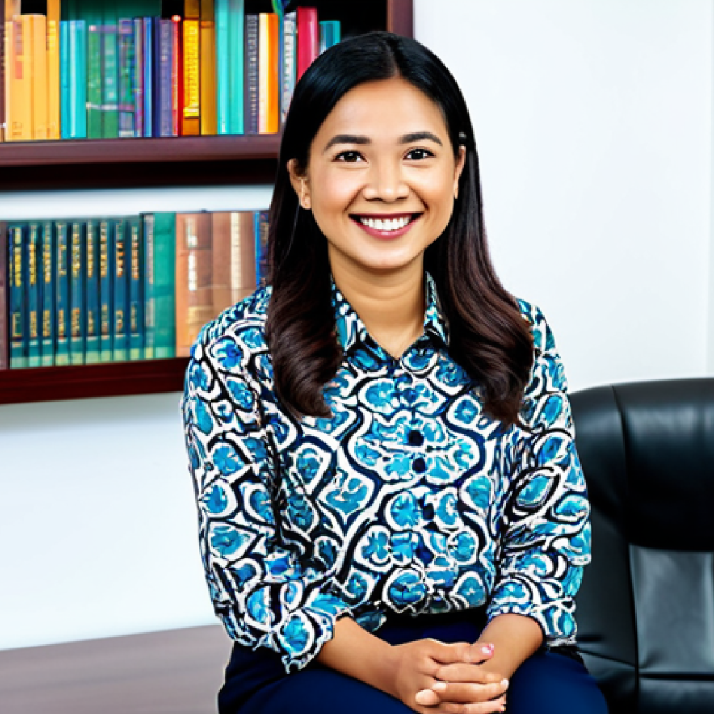 **
A professional Malaysian psychologist in a modest, batik-patterned blouse and smart trousers, sitting in a bright and welcoming office. Bookshelves filled with psychology textbooks line the wall. Natural light streams in. She is smiling warmly at the viewer. Perfect anatomy, correct proportions, natural pose, fully clothed, appropriate attire, safe for work, professional, family-friendly. High quality, detailed, professional photography.
**