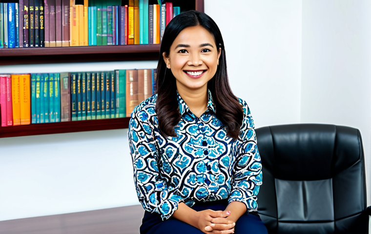 **

A professional Malaysian psychologist in a modest, batik-patterned blouse and smart trousers, sitting in a bright and welcoming office. Bookshelves filled with psychology textbooks line the wall. Natural light streams in. She is smiling warmly at the viewer. Perfect anatomy, correct proportions, natural pose, fully clothed, appropriate attire, safe for work, professional, family-friendly. High quality, detailed, professional photography.

**