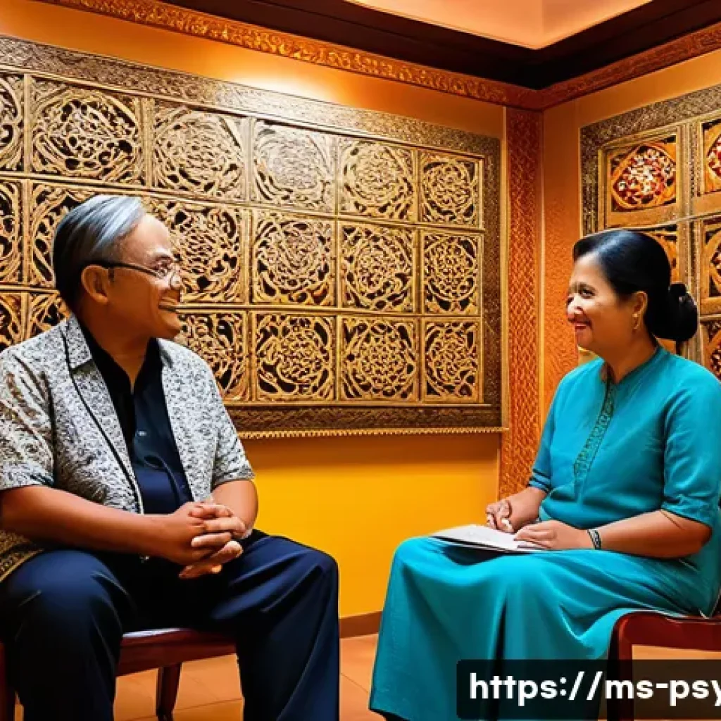 심리학 직업별 역할 - A warm, inviting counseling room in a Malaysian community center, featuring a professional counselor...