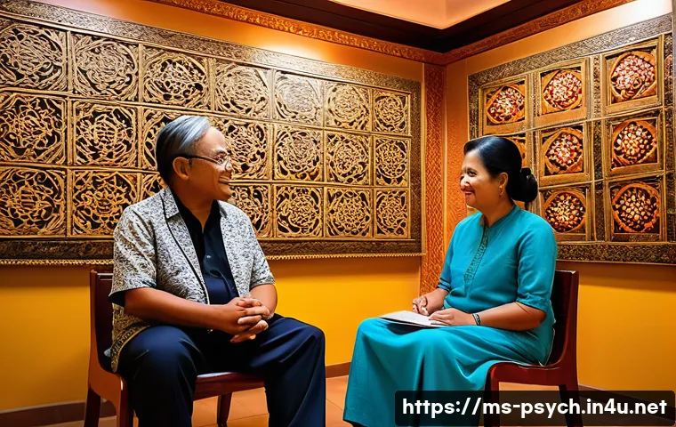 심리학 직업별 역할 - A warm, inviting counseling room in a Malaysian community center, featuring a professional counselor...