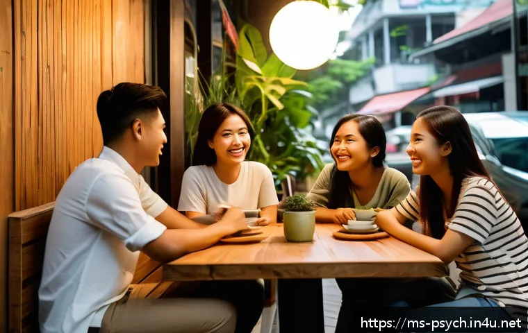 심리학의 연구전략 - A cozy Malaysian urban café scene in Kuala Lumpur featuring diverse young adults casually interactin...