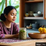 Home 19 행동심리학 - A young Malay woman sitting at a cozy kitchen table in a modern Malaysian home, looking contemplativ...