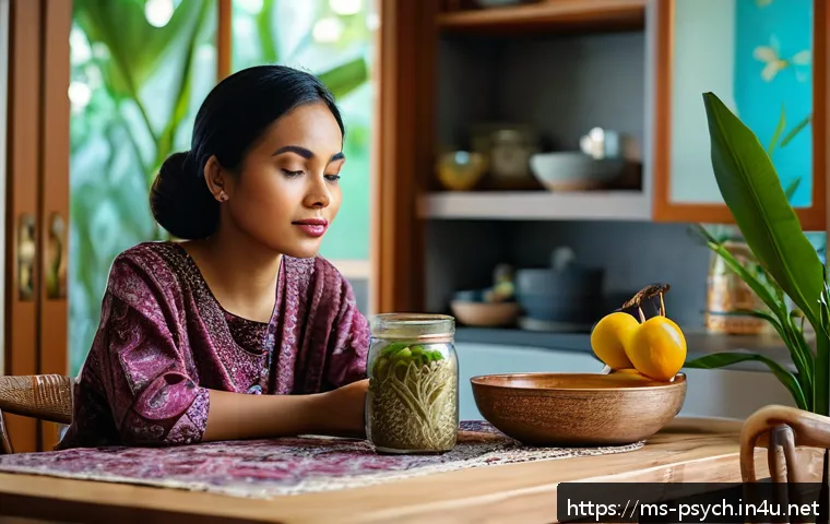 행동심리학 - A young Malay woman sitting at a cozy kitchen table in a modern Malaysian home, looking contemplativ...