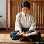 Home 18 심리학 전공 심리학적 기술 - A serene Malay woman sitting cross-legged on a traditional woven mat inside a cozy, softly lit room,...