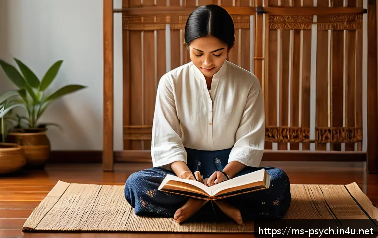 심리학 전공 심리학적 기술 - A serene Malay woman sitting cross-legged on a traditional woven mat inside a cozy, softly lit room,...
